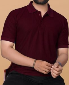 L Size Men Solid Polo Neck Polyester Maroon T-Shirt